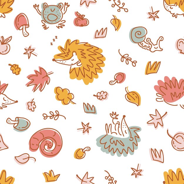 Pastel colored seamless pattern of hedgehogs and autumn elements Perfect for fabric scrapbooking textile and prints Sketch style vector illustration for decor and design