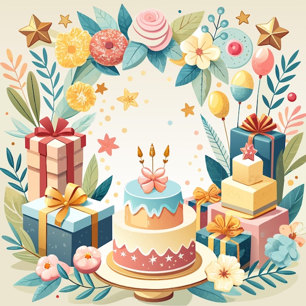 Cornice a colori pastello con posto libero per il testo fatto da un sacco di torte di compleanno piccole candele champagne