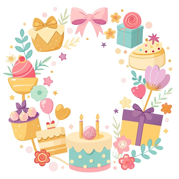 Vector pastel colors frame with free place for text made from lot of birthday little cakes candles champagne