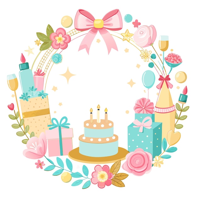 pastel colors frame with free place for text made from lot of birthday little cakes candles champagne