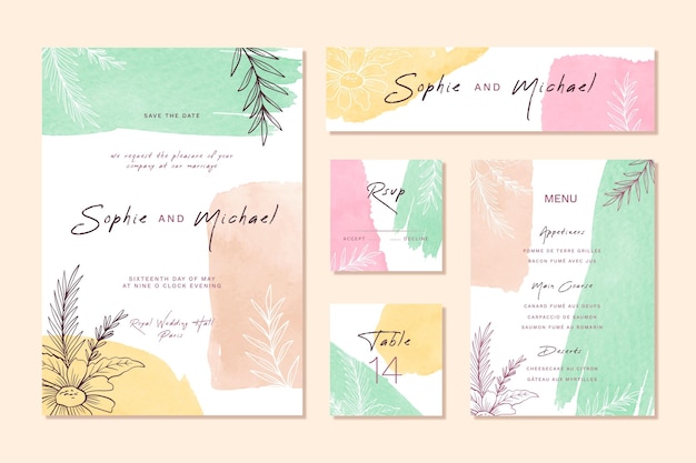 Vector pastel coloured watercolor wedding stationery items