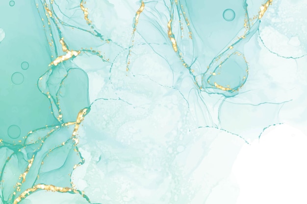 Пастельный голубой мятный жидкий мраморный акварельный фон с золотыми линиями и пятнами кисти Бирюзовый бирюзовый мраморный спиртовой эффект рисования чернил Векторная иллюстрация фон акварель свадебное приглашение