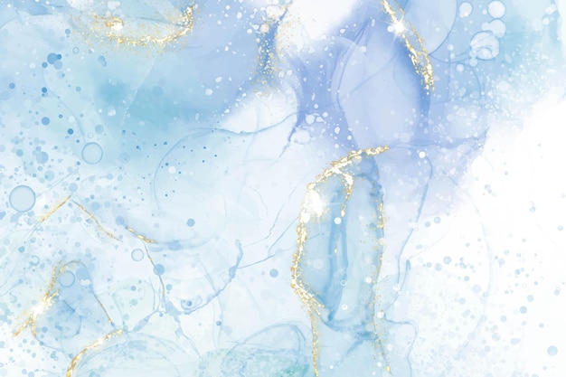 Pastel cyan mint liquid marble watercolor background with gold lines and brush stains