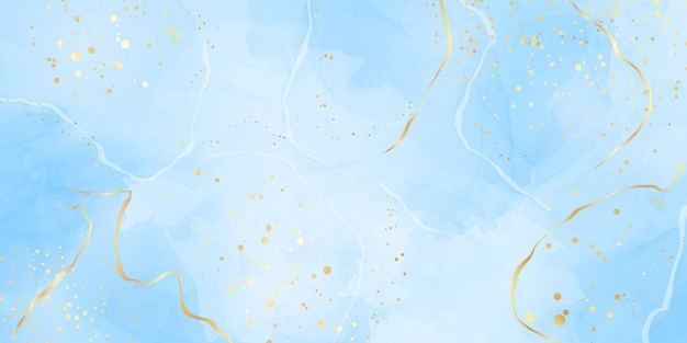 Pastel cyan navy liquid marble watercolor background with gold lines and brush stains
