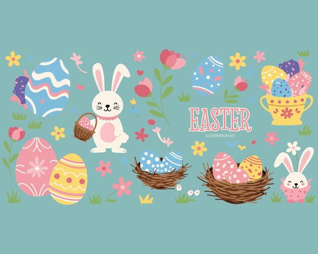 Pastel Easter Illustration Set with Cute Bunnies and Decorated Eggs