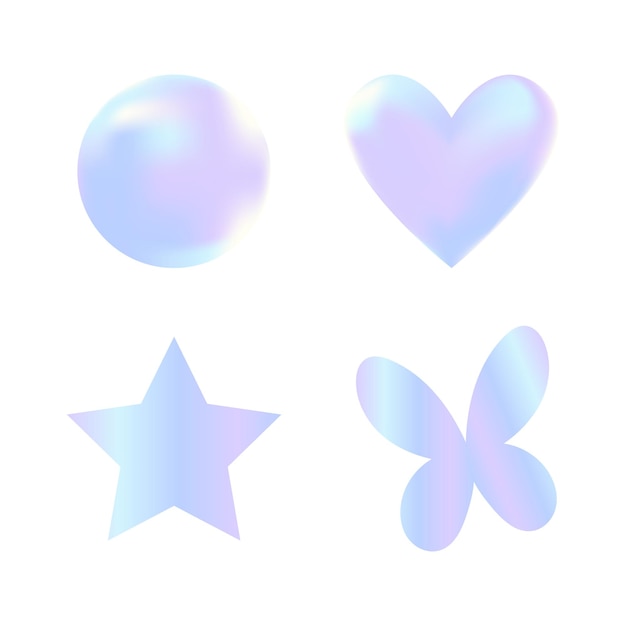 Пастельное сердце, звезда, круг, бабочка, голографическая с сетчатым градиентом для элемента плаката, баннера