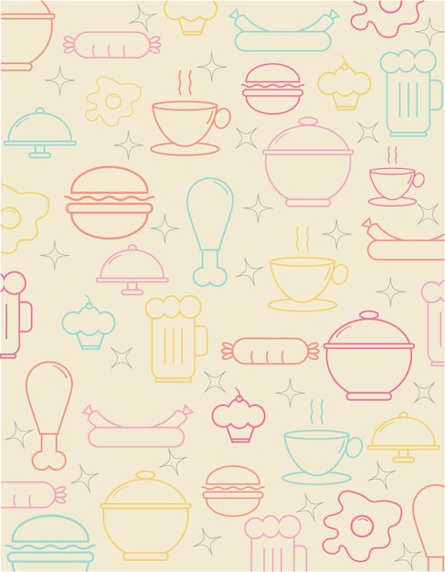 Pastel Line of Food and Beverages Vector Illustration Food and Beverage Sketch Style Background