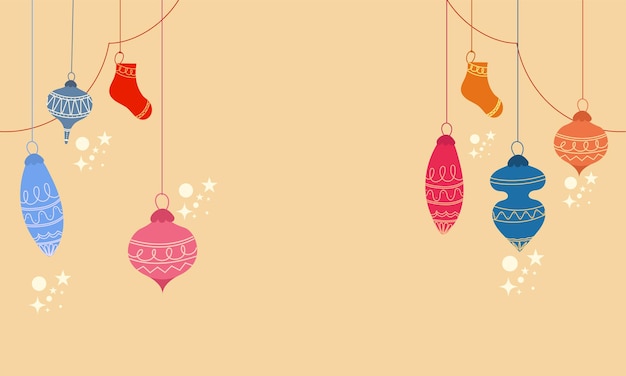 Pastel orange background decorated with doodle baubles, socks hang and copy space.