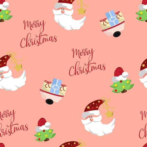 pastel orange pattern with santa claus christmas tree and christmas gifts