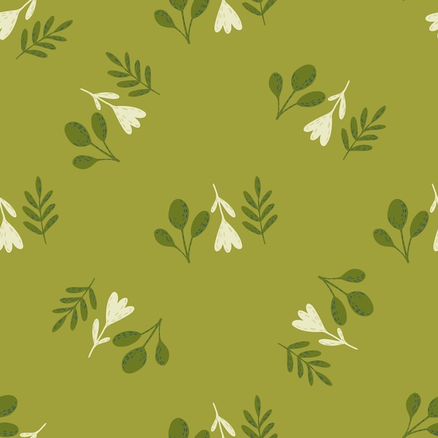 Pastel palette seamless pattern with flowers and branches ornament. Green soft palette artwork. Stock illustration.