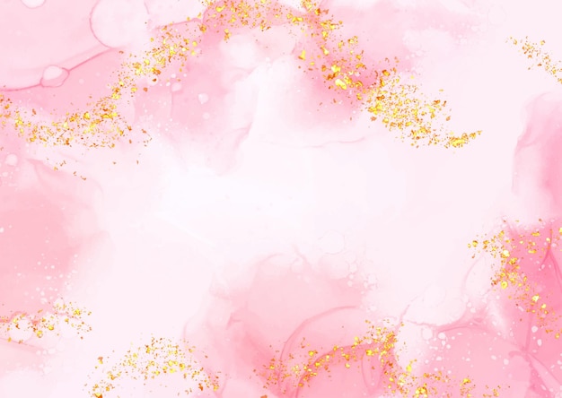 Vector pastel pink alcohol ink background with gold glitter elements