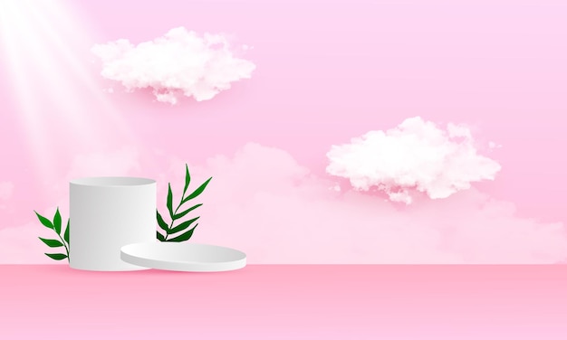 Pastel pink podium for product promotion with cloud and leaf elements