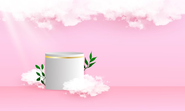 Vettore podio rosa pastello per la promozione del prodotto con elementi nuvola e foglia