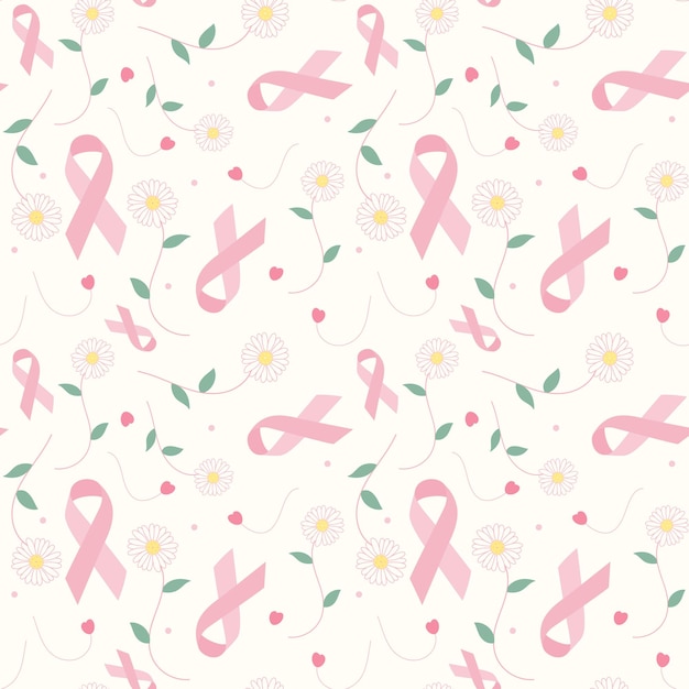 Vector pastel pink ribbon and flower seamless pattern vector background to support woman breast cancer awareness campaign in october