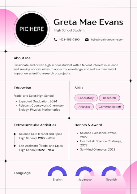 Pastel roze lijn minimalistische middelbare school student CV sjabloon