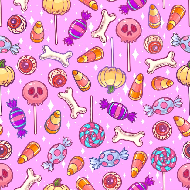 Pastel Seamless pattern of cute Halloween sweets and candies