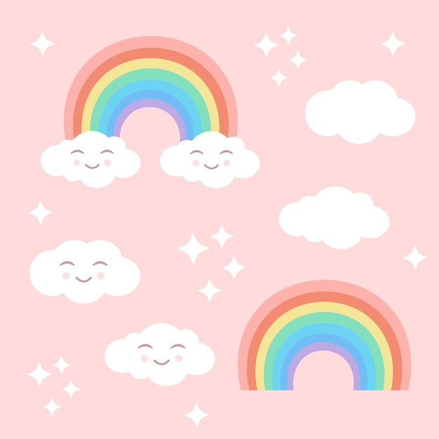 Pastel set with rainbow clouds and stars on a pink isolated background