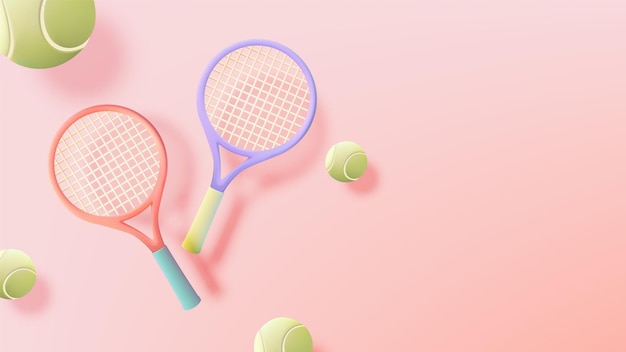 Pastel tennisrackets en ballen op zachte roze achtergrond voor een speels sportthema