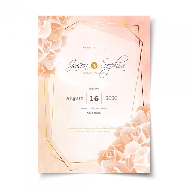 Pastel watercolor rose and gold frame wedding invitation