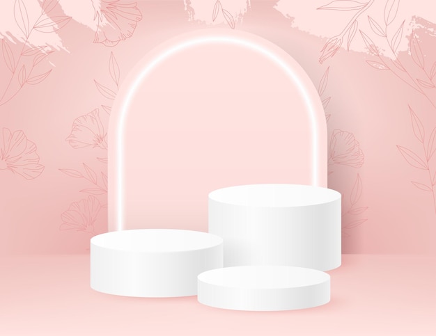Pastelroze achtergrond met lijnplanten en bloemen 3D-podium is perfect voor het presenteren van cosmetica