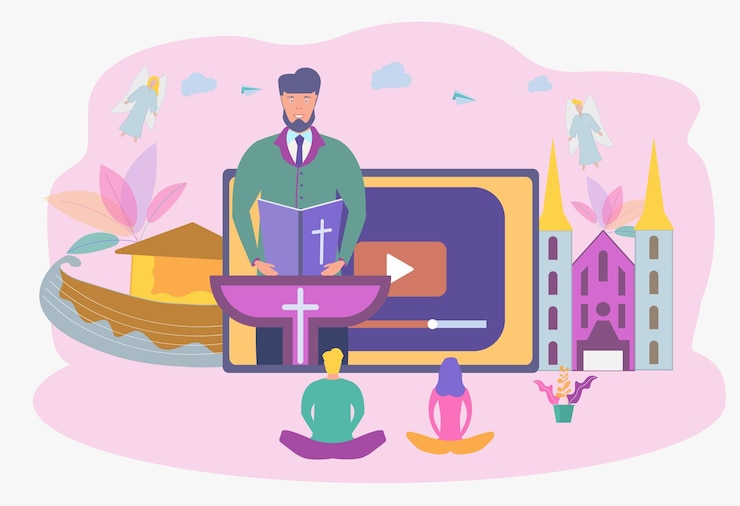Vector the pastor conducts online service to god online sermon system the concept