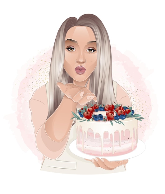 Vector pastry blonde girl holding cake in her hand