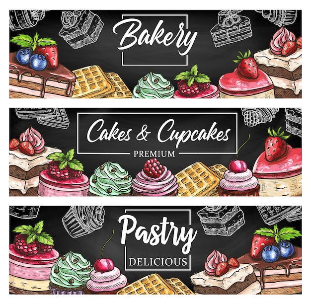 Pastry cake desserts and bakery shop sweets sketch banners