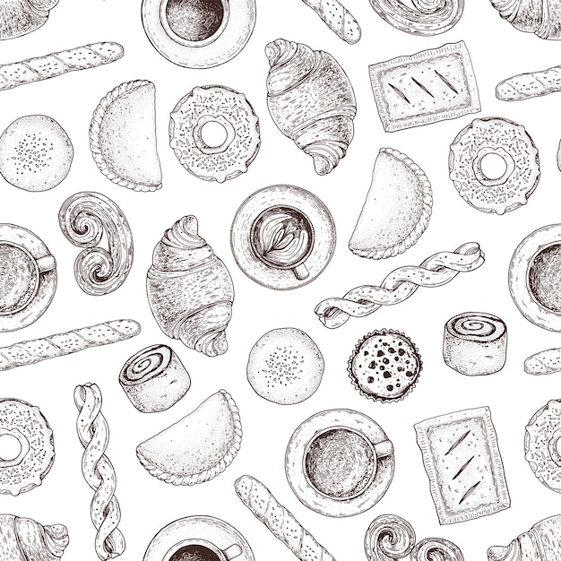pastry and coffee seamless pattern coffee house menu different baked goods hand drawn vector illustration bakery sketch background template for design engraved food image