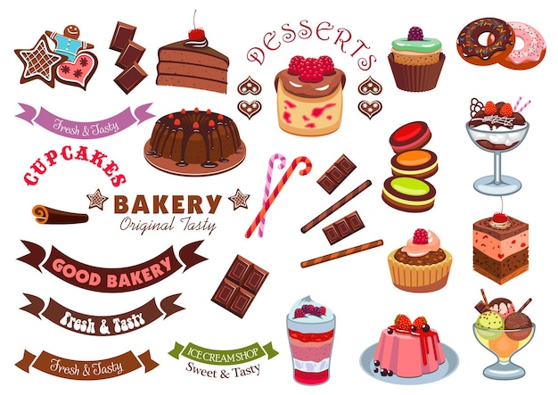 Vettore elemento di design distintivo di pasticceria dessert. torta, cupcake, ciambella, gelato, pan di zenzero, biscotto, muffin con cioccolato, panna, frutta, caramelle e banner a nastro. disegno dell'emblema della pasticceria e del caffè