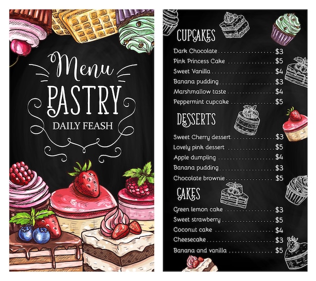 Vector pastry and dessert chalkboard menu vector template