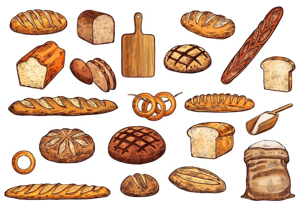 Pastry icons Bread baguete bun and bagel