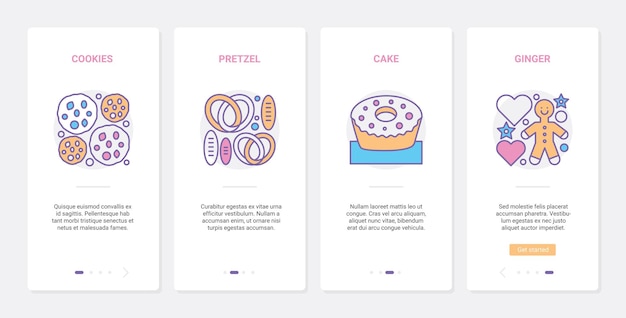 Pasticceria, prodotti alimentari da forno, ux, ui onboarding set di schermate per app per dispositivi mobili