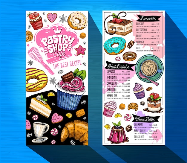 Vettore modello di menu bar pasticceria. etichetta con logo colorato design, emblema. scritte, dolci, torte, cornetti, caramelle, biscotti colorati, schizzi, caffè, doodle, buonissimi.