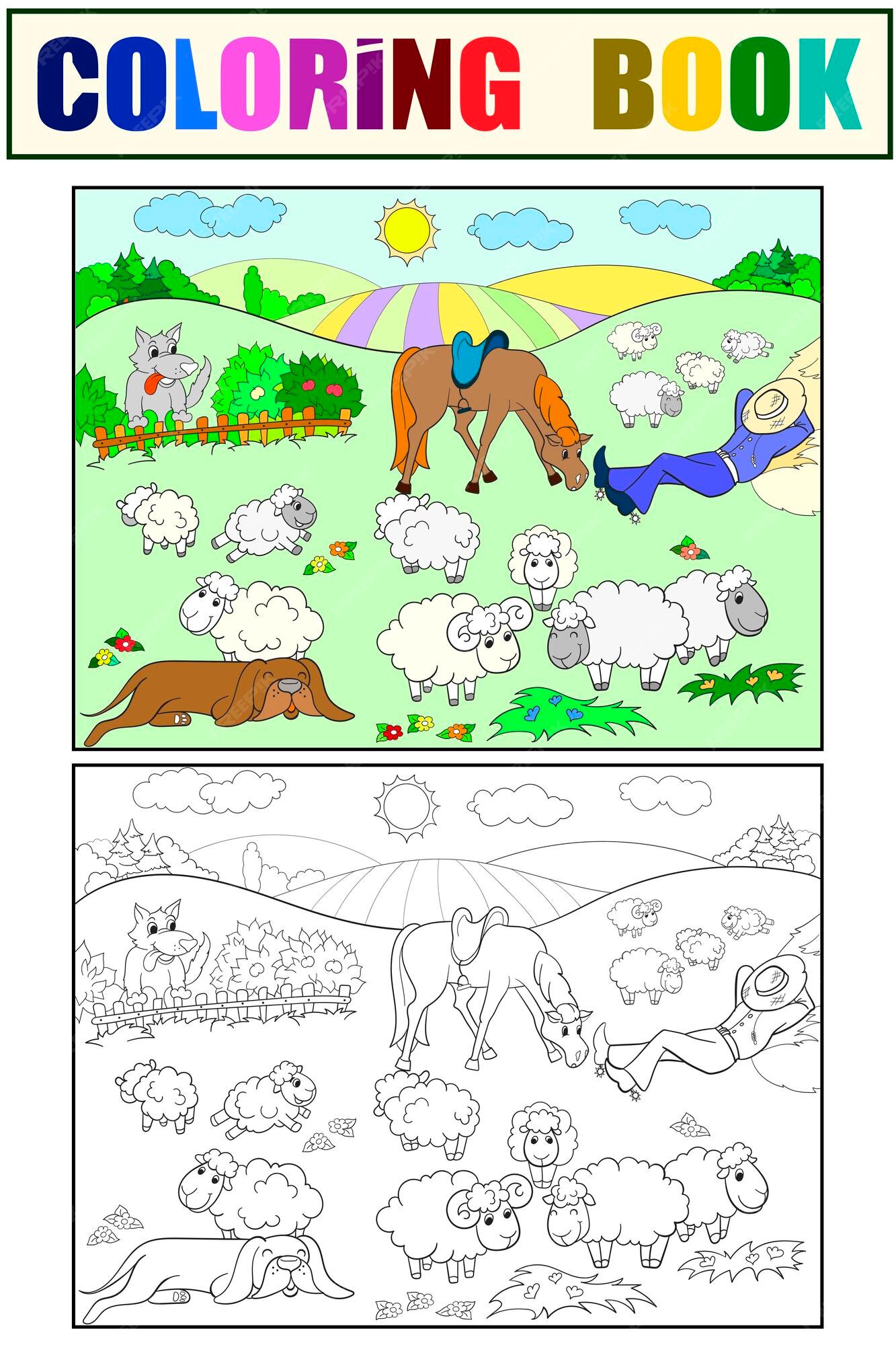 Premium Vector | Pasture sheep with a shepherd and dog coloring for