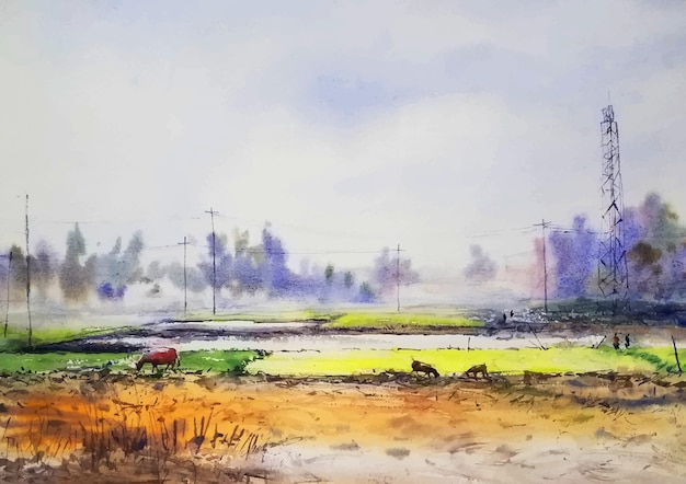 Pasture in the village watercolor art