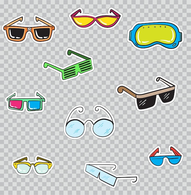 Patch badges with glasses. vector illustration isolated on transparent background. set pack of stickers, pins, patches in cartoon 80's - 90's comic style.