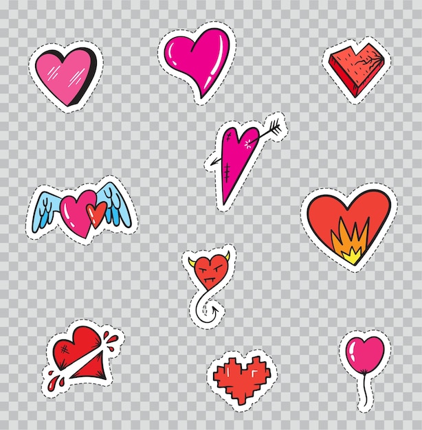 patch badges with hearts. vector illustration isolated on transparent background. set pack of stickers, pins, patches in cartoon 80's - 90's comic style.