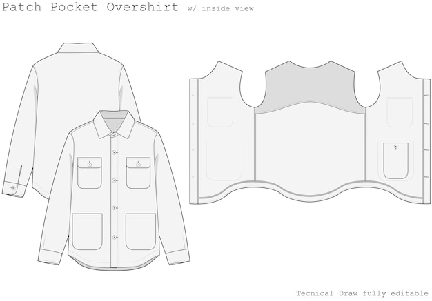 ベクトル patch pocket overshirt_ オーバーシャツ ジャケットの内側を見た技術図