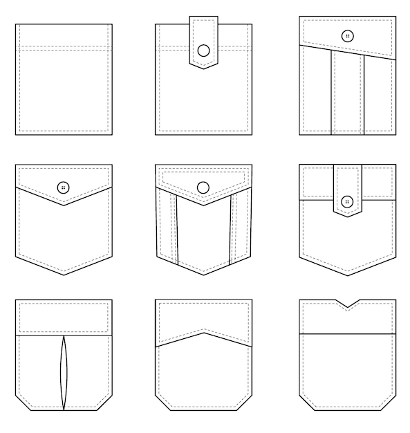 패치 포켓 의류 캐주얼 데님 스타일 격리 아이콘에 대한 균일한 패치 포켓 모양 세트