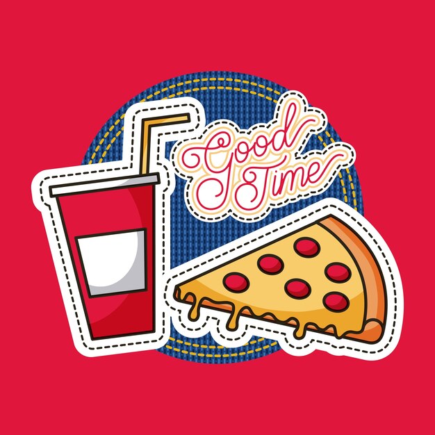 Vector patches fast food cool time pizza and soda