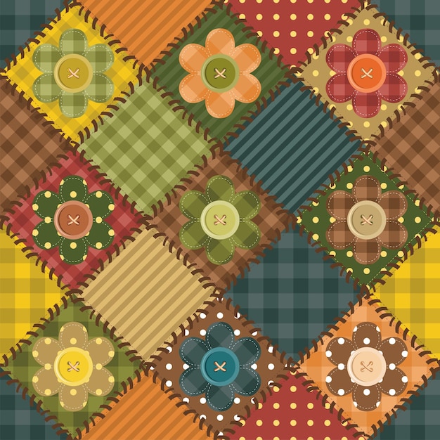 Vettore sfondo patchwork con fiori e bottoni