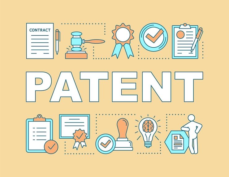 Vector patent woord concepten banner. auteursrechten. uitvindingslicentie. auteursrechten rechtsbescherming. presentatie, website. geïsoleerde belettering typografie idee met lineaire pictogrammen. vector overzichtsillustratie