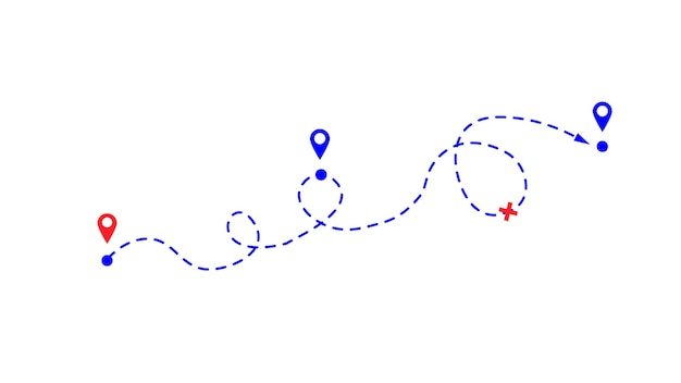 Vettore percorso da punto a punto, posizione per il viaggio, mappa stradale punteggiata con destinazioni.