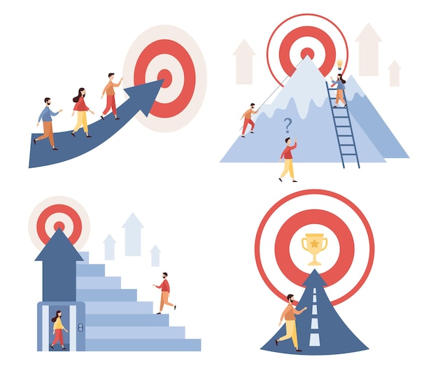 Path the goal icon set. efforts to achieve target. success route, perseverance, challenge, career