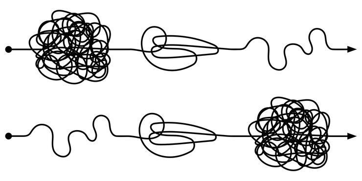 Vector path of transition from complex to simple vector simple and complex way of development line of step by step process optimization transition chaotic line to an even one