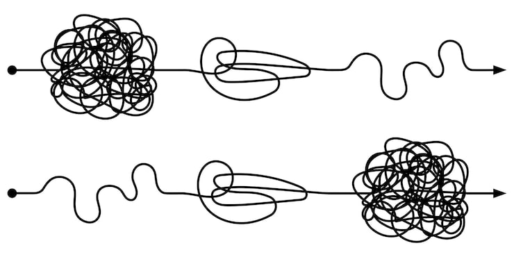 Vector path of transition from complex to simple vector simple and complex way of development line of step by step process optimization transition chaotic line to an even one