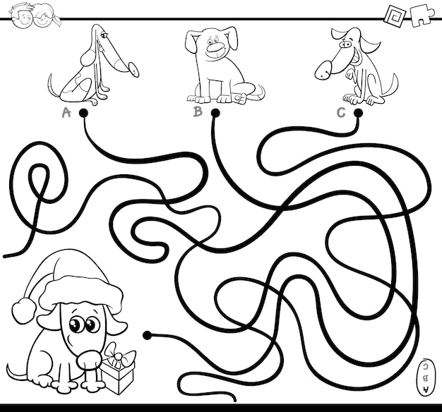 paths maze game with dogs for coloring