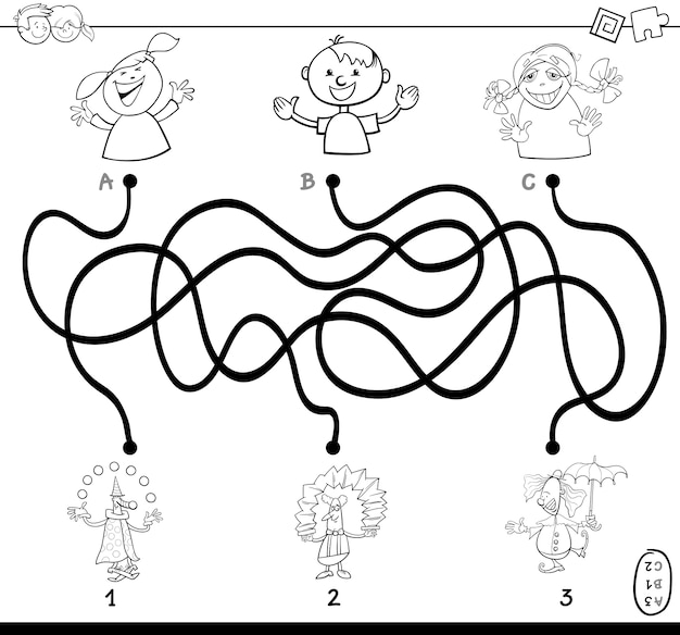 Paths maze with clowns coloring book