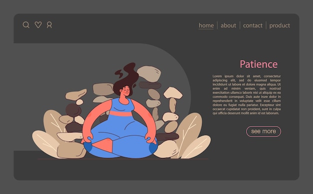 Vector patience night or dark mode web banner or landing page calm person finding balance mental strength