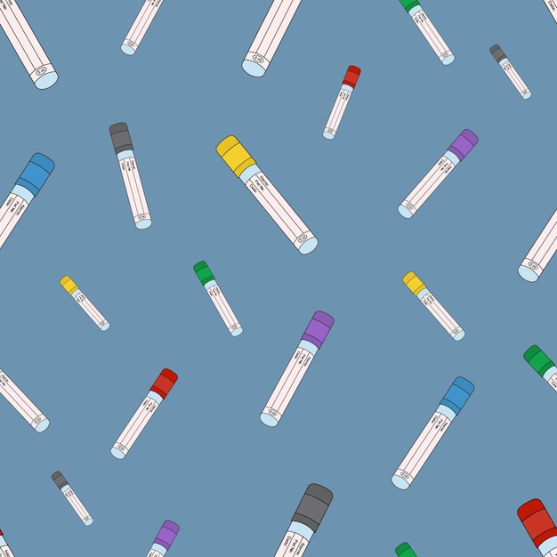 Vector patient blood test tubes seamless pattern on blue background in cartoon style